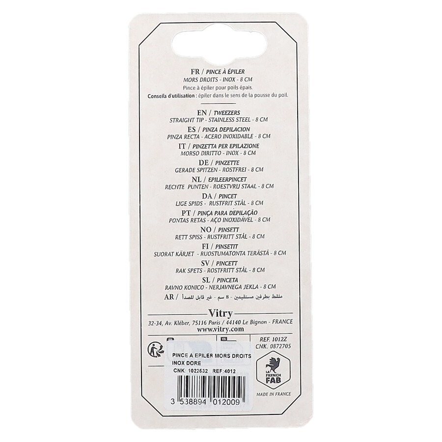 Pince A Epiler Mors Droits Inox Dore