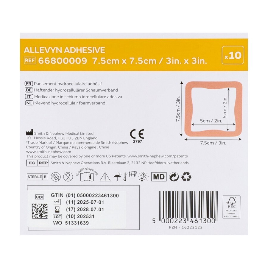 Allevyn Pans Adh Hydrocel. 7,5x 7,5cm 10 66800009