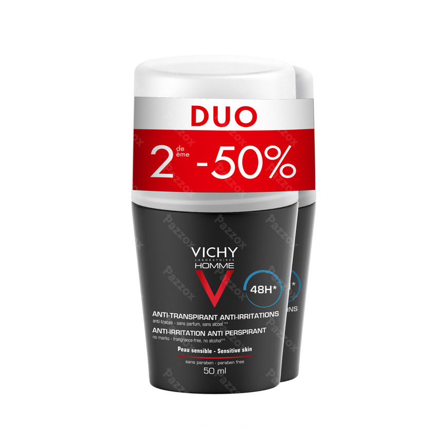 Vichy Homme D&eacute;odorant Anti-transpirant  Roll-on 48h D&eacute;odorant - Huile - Peaux Normales &agrave; S&egrave;ches | Duo 2x50ml