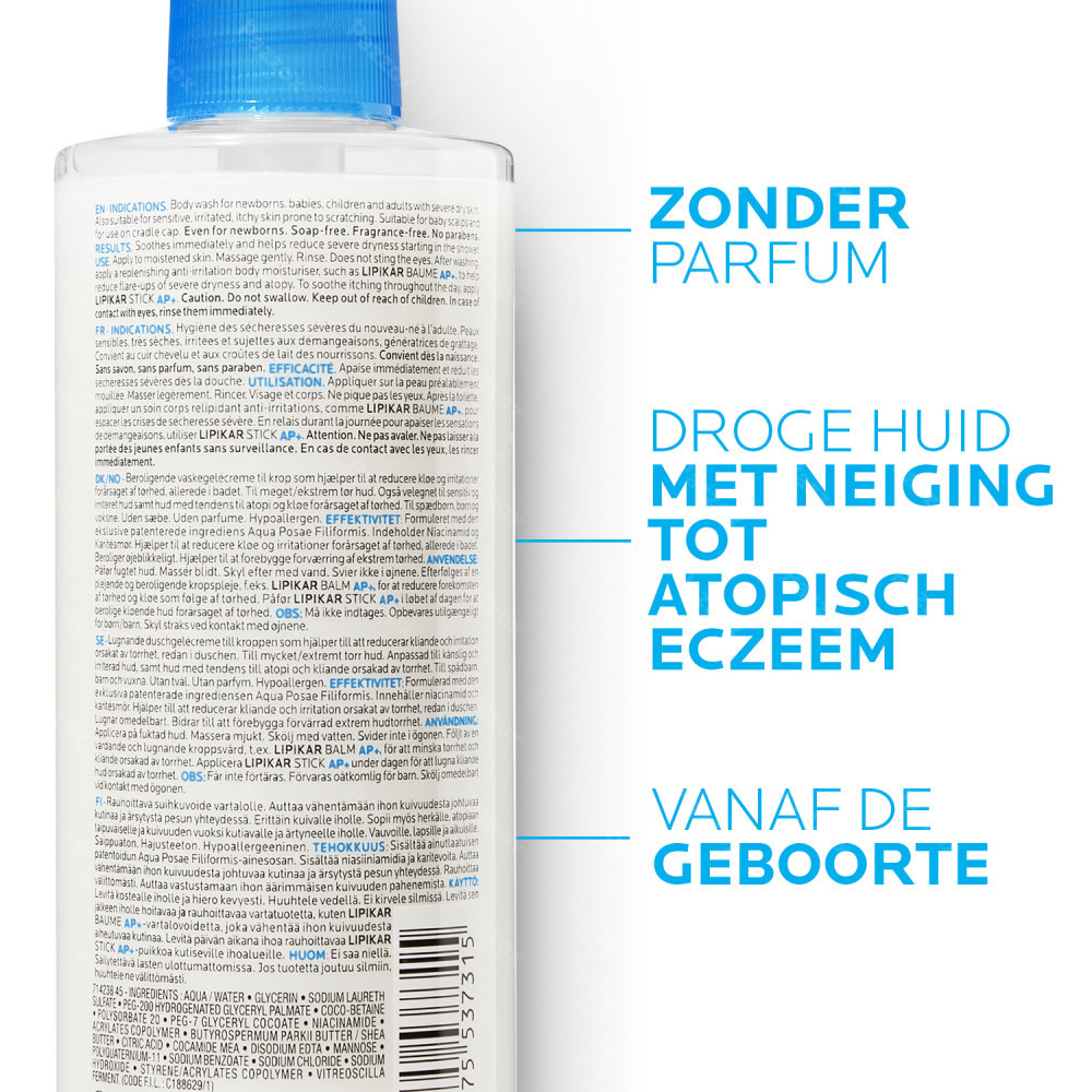 La Roche-Posay Lipikar Syndet Ap+ Douchecrème Droge, Jeukende Huid 400ml