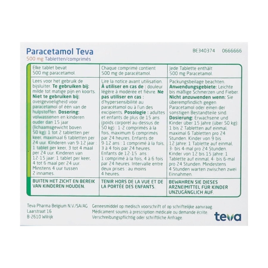 Paracetamol Teva 500mg 100 Comprimés