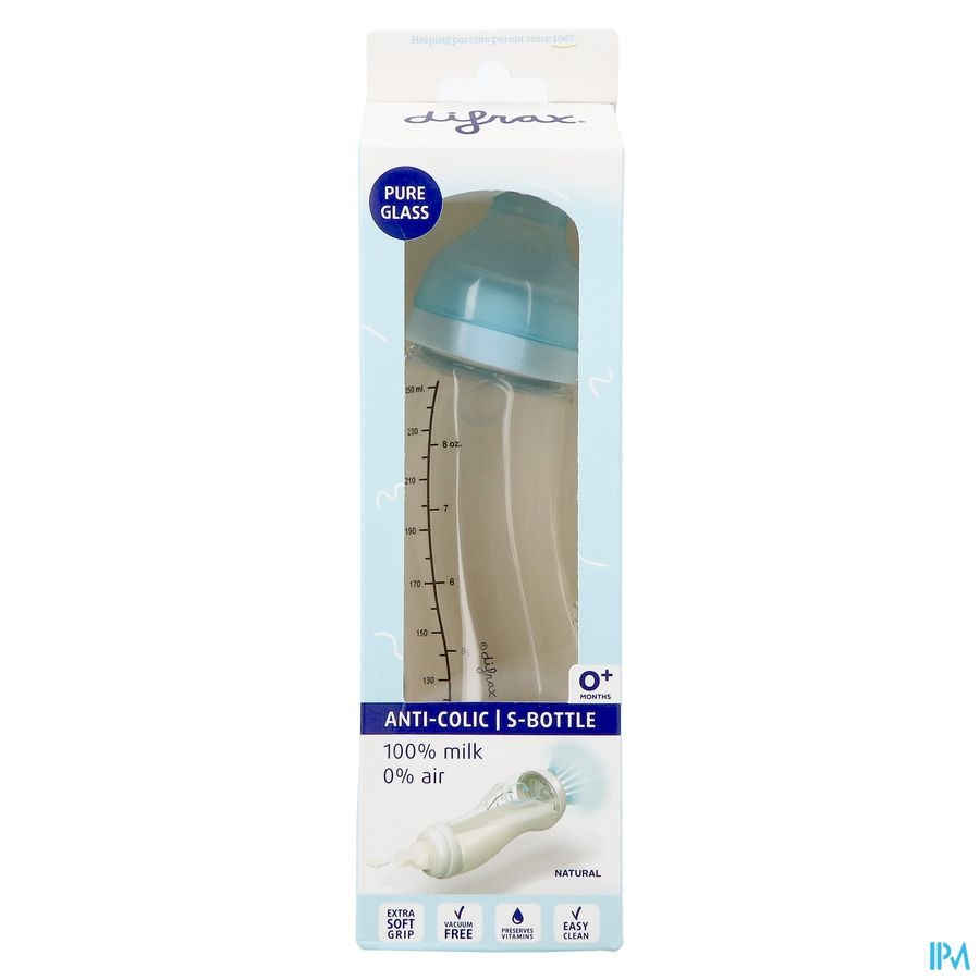 Difrax Biberon-s Natural Verre Bleu 250ml