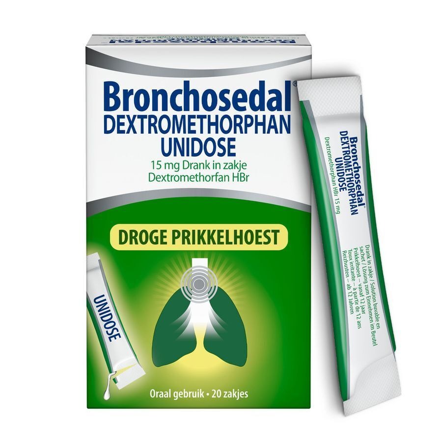 Bronchosedal Dextromethorphan Unidose Droge Hoest en Kriebelhoest Hoestsiroop 20 Zakjes