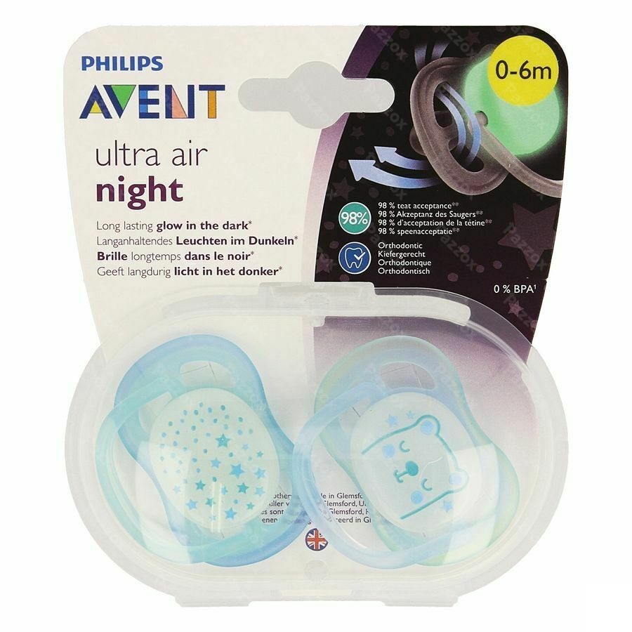 Philips Avent Sucette Air Night Boy 2 Pi&egrave;ce(s) +0m