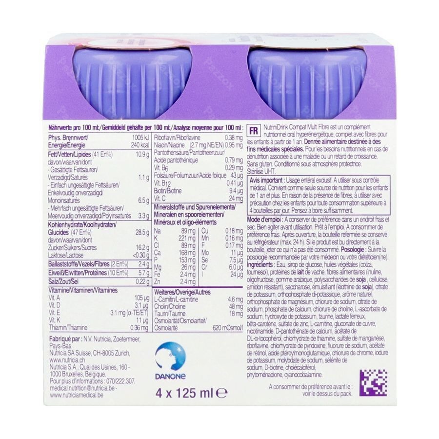 NutriniDrink Compact Multi Fibre Arôme Fraise Bouteilles 4x125ml