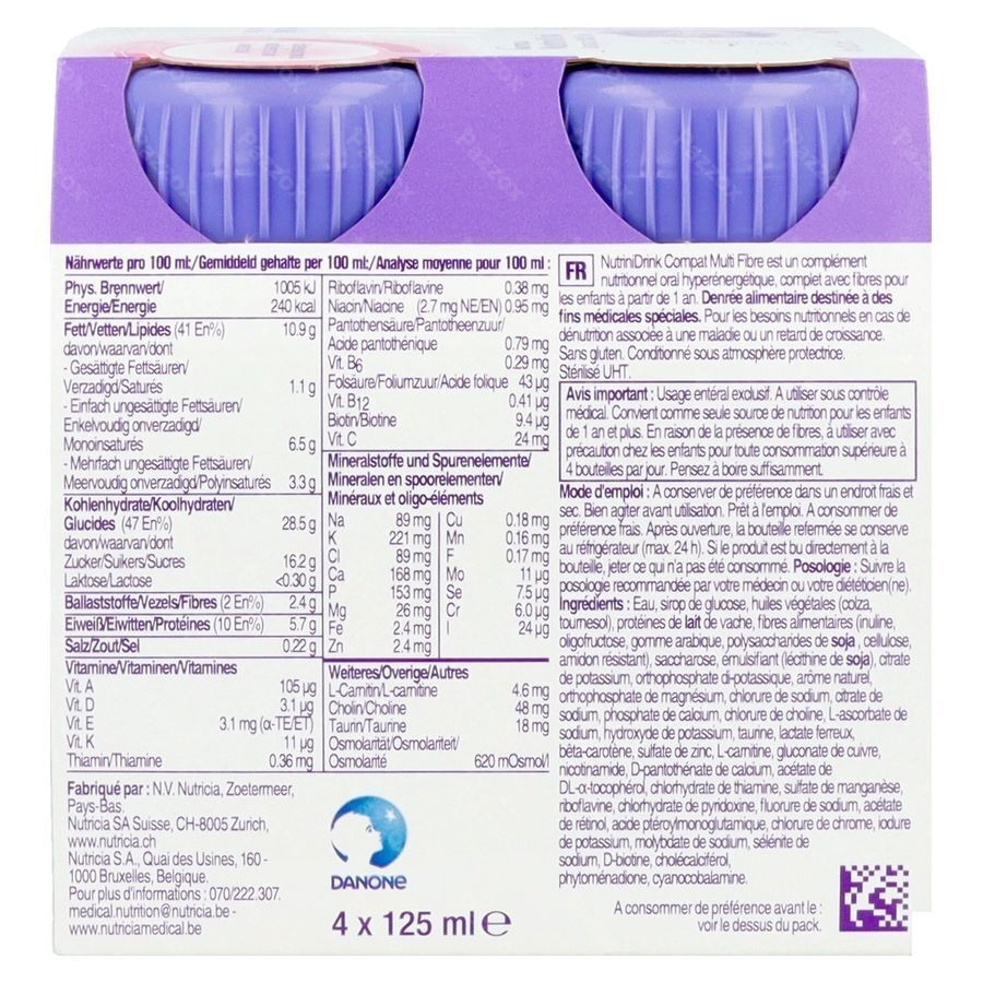 NutriniDrink Compact Multi Fibre Arôme Fraise Bouteilles 4x125ml