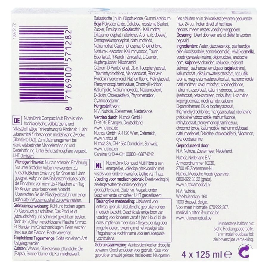 NutriniDrink Compact Multi Fibre Aardbeiensmaak 4x125ml
