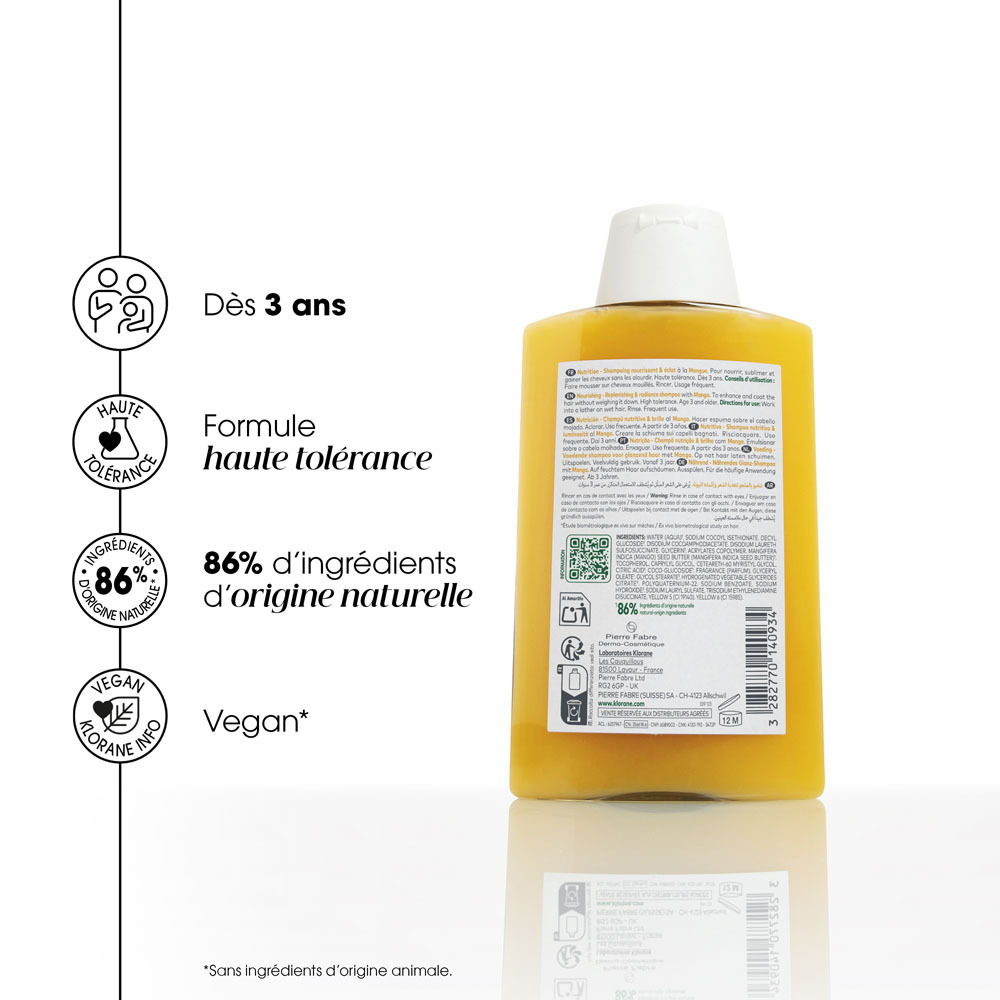 Klorane Mangue Shampooing Nutrition, Nourrissant & éclat, Cheveux secs 100ml