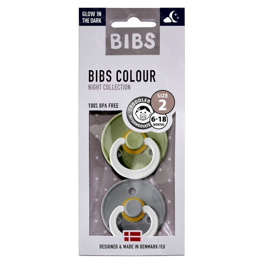 Bibs 2 Fopspeen Glow In The Dark Sage/cloud 2 Stuks