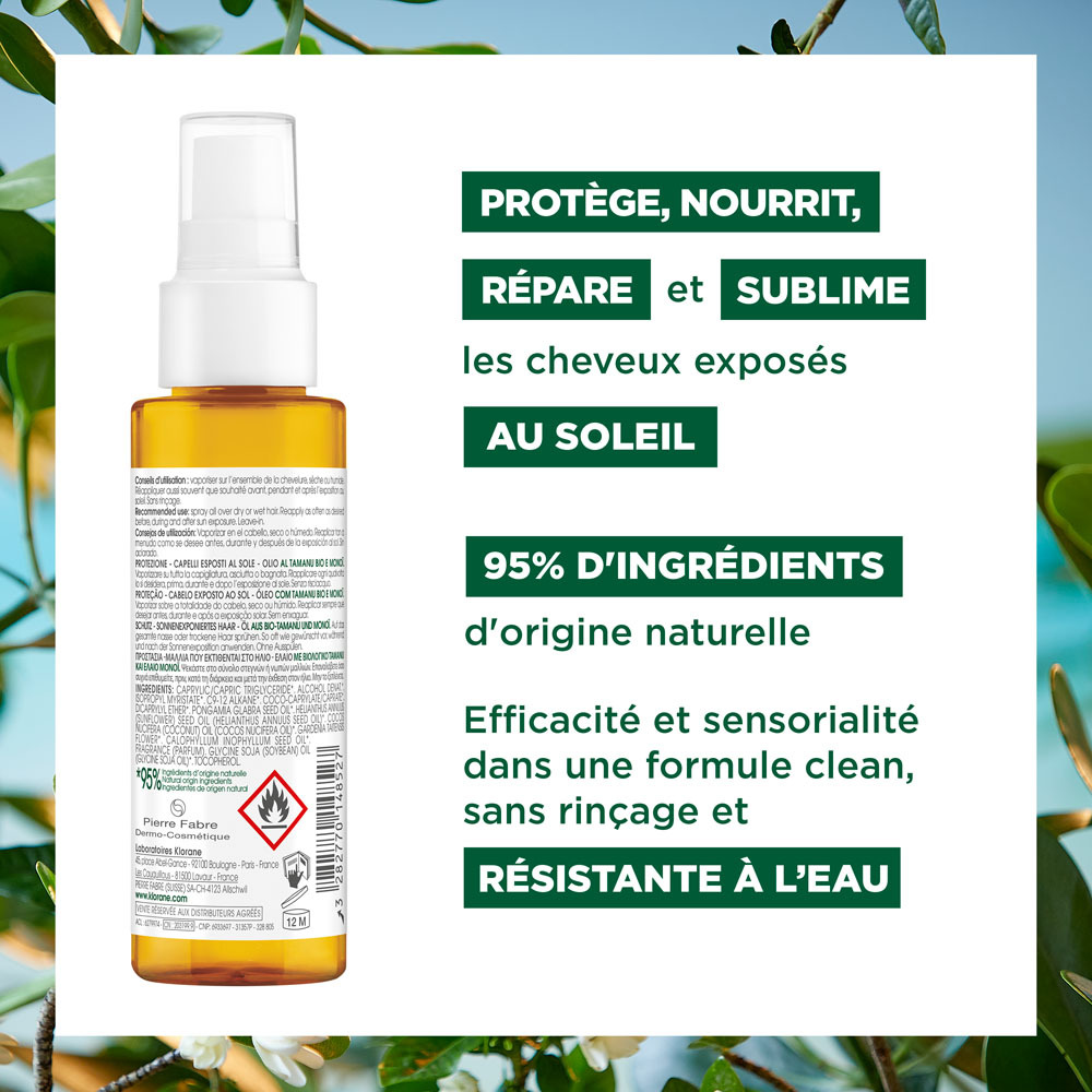 Klorane Protection Cheveux Au Soleil Huile Tamanu Et monoi Bio 100ml