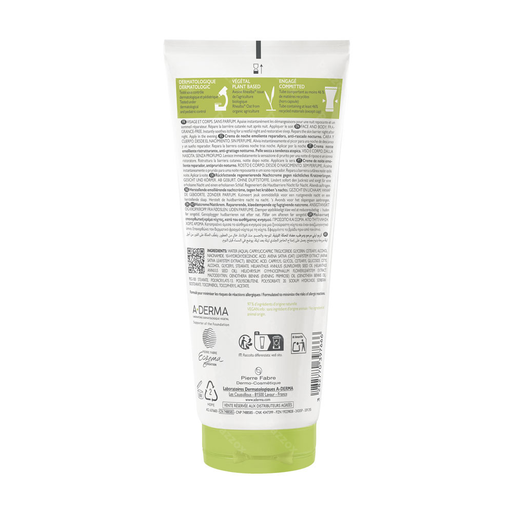 A-Derma ExoMega Control Herstellende Emolliërende Nachtcrème Anti-Jeuk 200ml