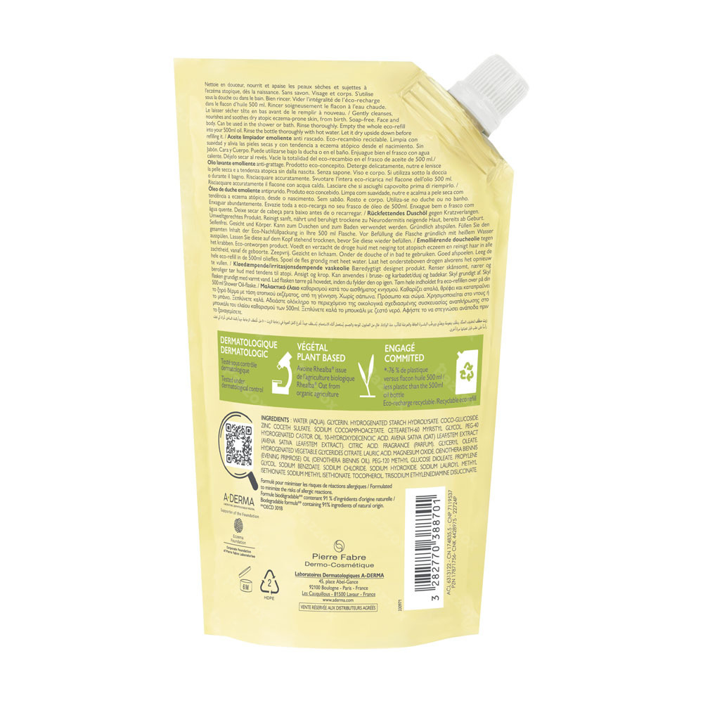 A-Derma Exomega Control Verzachtende Wasolie Navulling 500ml