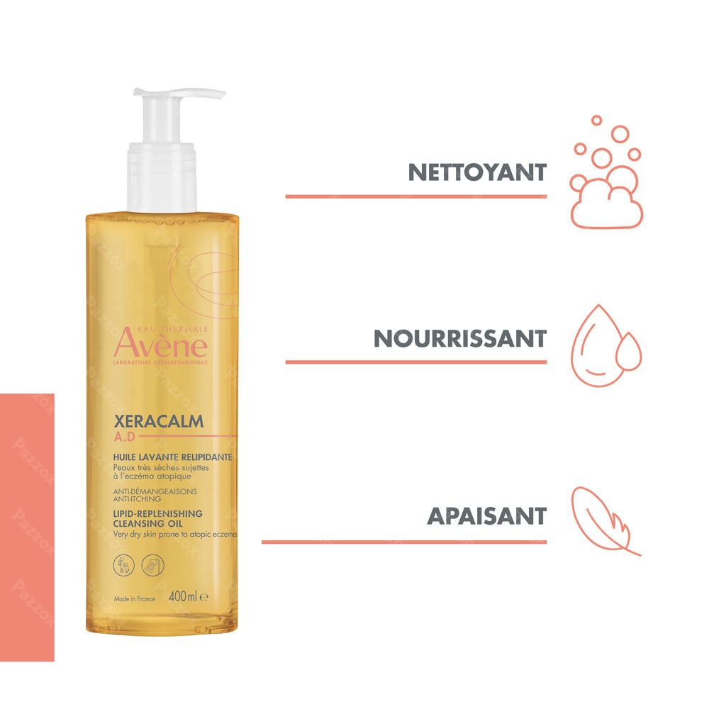 Avène XeraCalm A.D Huile lavante relipidante, Peau très sèche sujette à l'eczéma atopique et aux démangeaisons 400ml