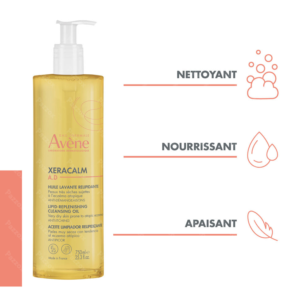 Avène XeraCalm A.D Huile lavante relipidante, Peau très sèche sujette à l'eczéma atopique et aux démangeaisons 750ml