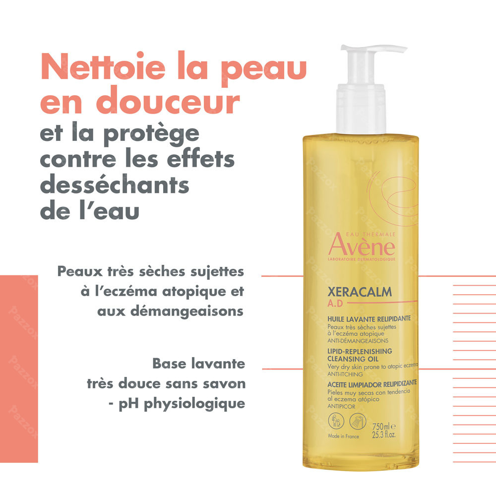 Avène XeraCalm A.D Huile lavante relipidante, Peau très sèche sujette à l'eczéma atopique et aux démangeaisons 750ml
