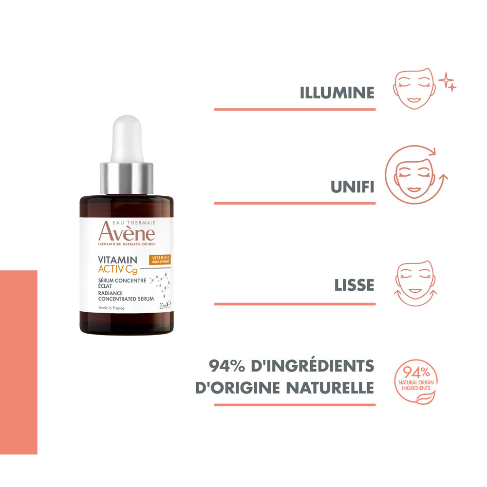Avène Vitamine Activ Cg Sérum correcteur éclat anti-âge, teint terne anti-tâches, Vitamine C optimisée 30ml
