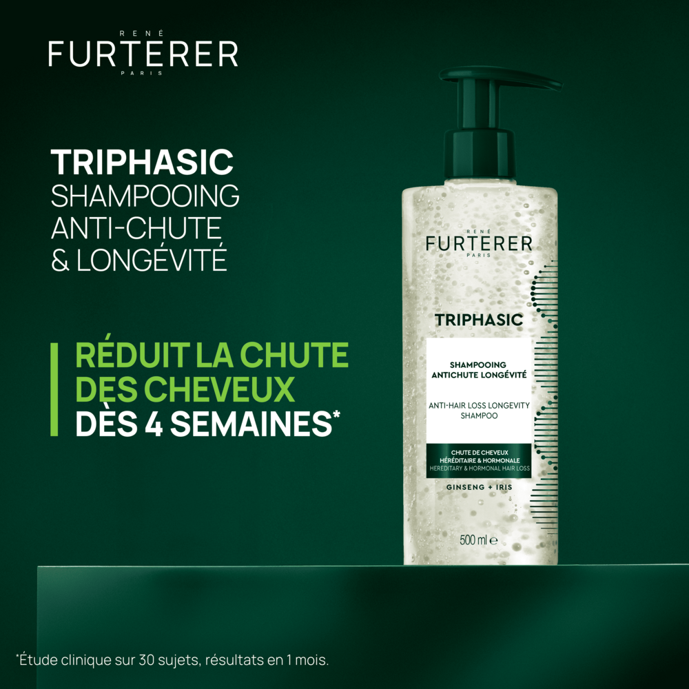 René Furterer Triphasic Shampooing Antichute Longévité, chute de cheveux héréditaire & hormonale 500ml