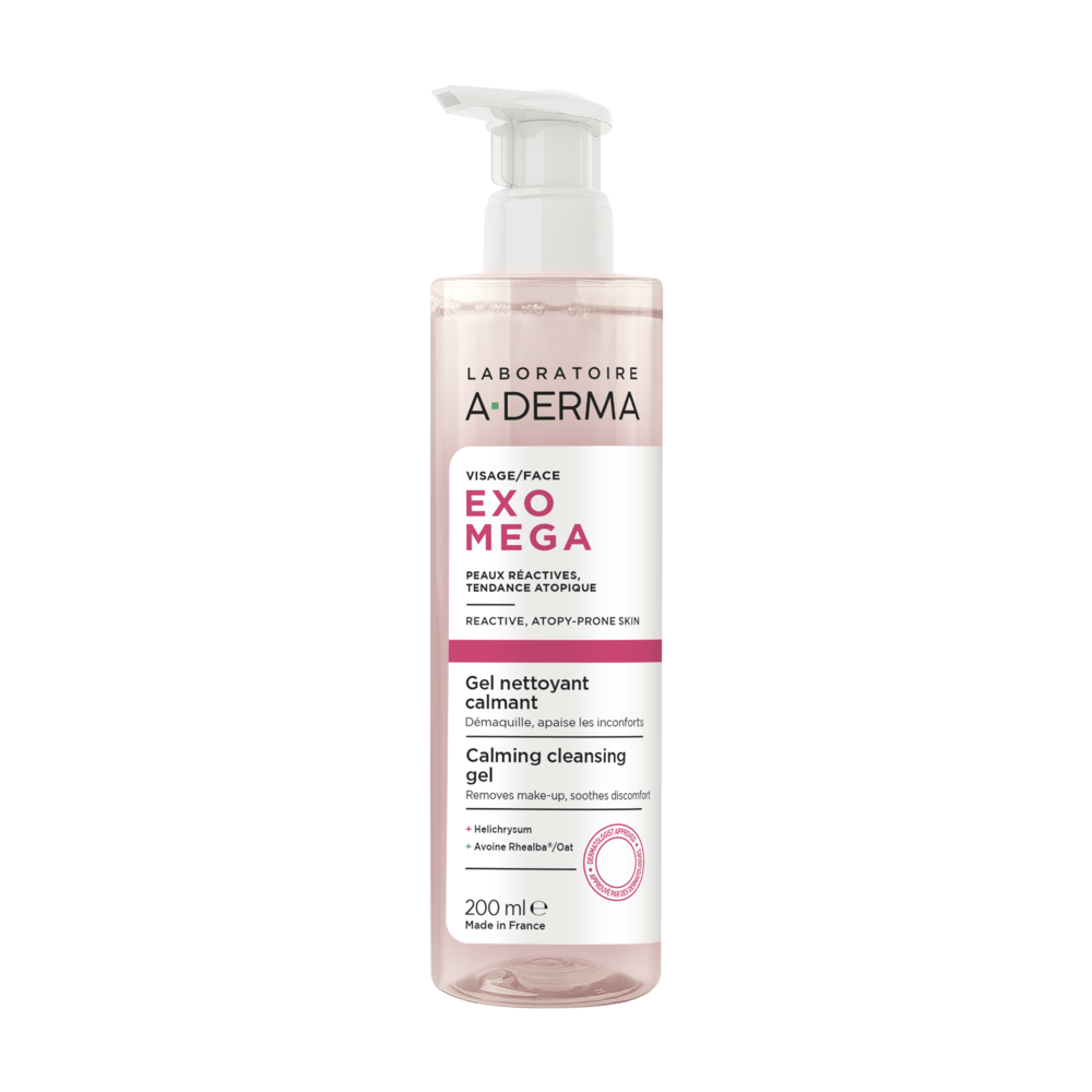 A-Derma Exomega Visage Gel nettoyant calmant, Démaquillant, Peau réactive à tendance à l'eczéma atopique 200ml