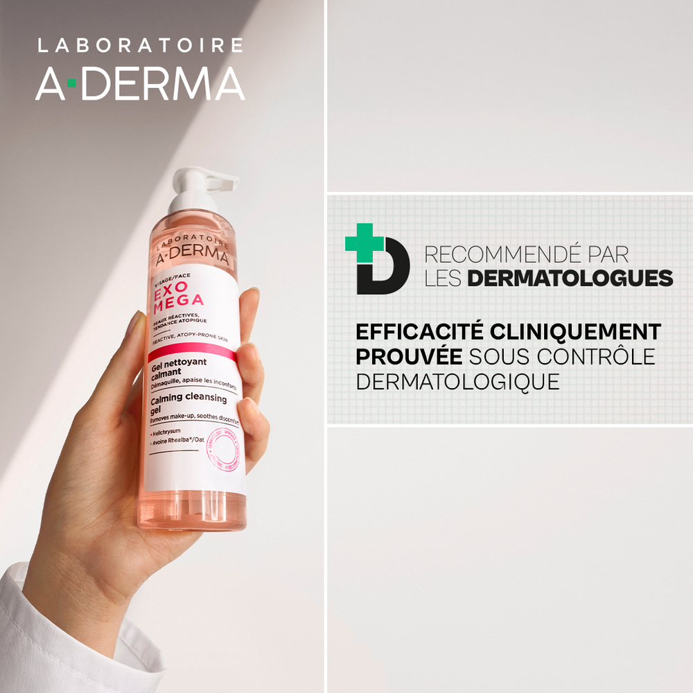 A-Derma Exomega Visage Gel nettoyant calmant, Démaquillant, Peau réactive à tendance à l'eczéma atopique 200ml