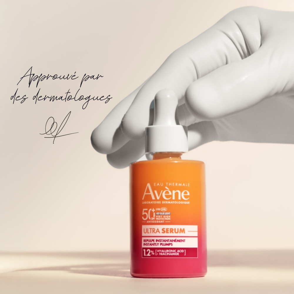 Avène Solaire Ultra Sérum SPF50+ Repulpant anti-âge, Très Haute Protection, Acide hyaluronique & Niacinamide, Peau sensible 30ml