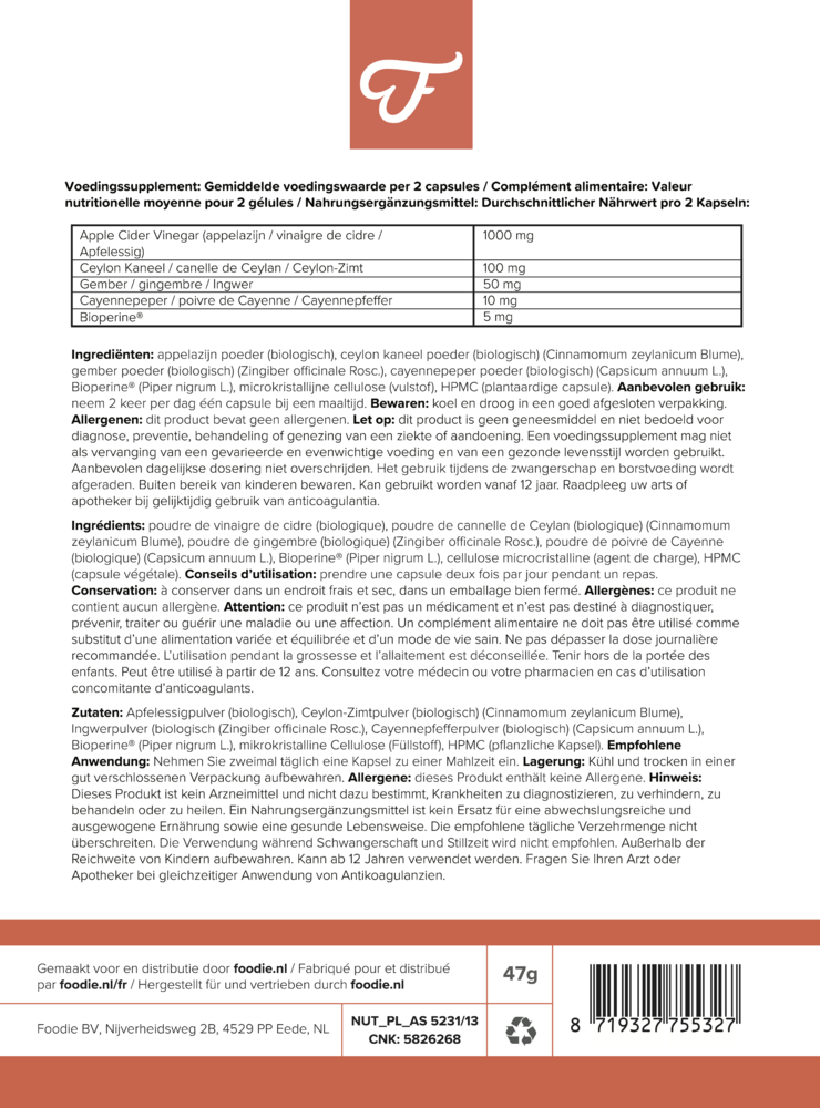 Foodie Ultimate Apple Cider Vinegar Vinaigre de cidre de pomme 60 gélules