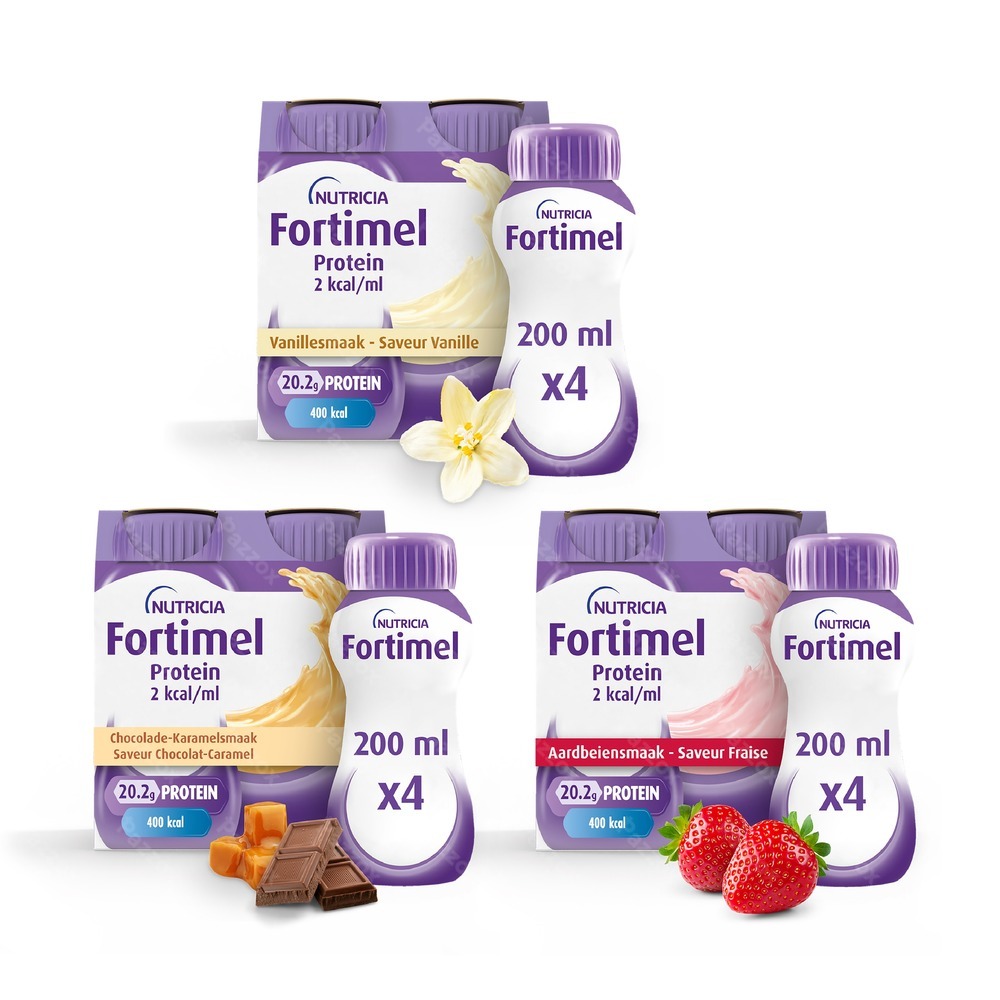 Fortimel Protein 2 Kcal Bundel Vanille-Chocolade-Karamel-Aardbei Voedingssupplement – Ondervoeding 12x200ml